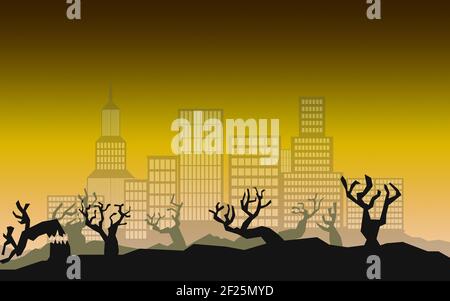 Eine 3D Rendering von trockenen Bäumen mit Gebäuden im Hintergrund, Konzept Umwelt und Entwaldung Stockfoto