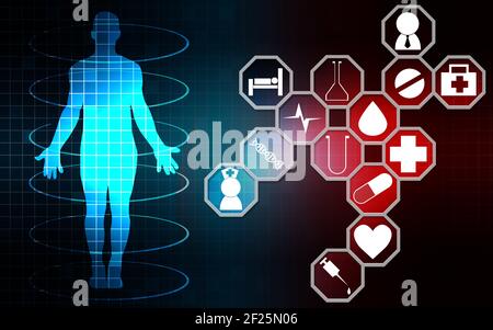 Eine 3D Darstellung von medizinischen Ikonen mit menschlichem Körper Stockfoto