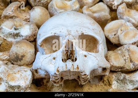 Schädel und Knochen aus nächster Nähe in der Chapel of Bones In Faro Stockfoto