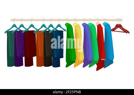 Kleidung auf Kleiderbügeln isoliert auf weißem Hintergrund. Kleidung und Accessoires Mode-Set. Saisonales Verkaufskonzept. Organisation oder Lagerung von Kleidung. Vecto Stock Vektor