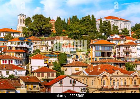 Ohrid Panoramablick Häuser Blick, Nord-Mazedonien Stockfoto