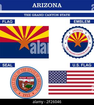 Arizona Symbol Sammlung mit Flagge, Siegel, US-Flagge und Emblem als Vektor. Der Grand Canyon State; Der Copper State; Der Valentine State. Stock Vektor