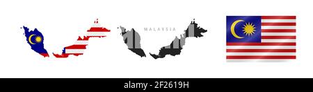 Malaysia. Karte mit maskierter Flagge. Detailreiche Silhouette. Winkende Flagge. Illustration isoliert auf weiß. Stockfoto