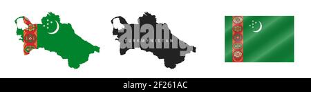 Turkmenistan. Karte mit maskierter Flagge. Detailreiche Silhouette. Winkende Flagge. Illustration isoliert auf weiß. Stockfoto