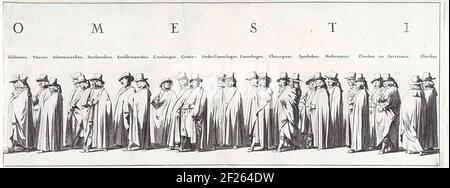 De grafenisstoet van Frederik Hendrik (plaat nr. 5), 1647; De grafenisstoet van stadhouder Frederik Hendrik te 's-Gravenhage im Jahre 1647.die Grabstursprozession des Stadholders Frederik Hendrik in 's-Gravenhage am 10. Mai 1647. Tafel Nr. 5 mit einem Teil der Prozession, über den Personen ist ihre Funktion. Teil einer Serie von 30 Platten und 20 Textblättern, die zusammen geklebt werden sollen. Stockfoto