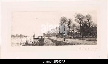 Huizen aan de Amstel.Häuser entlang der Amstel. Eine Frau läuft auf der Straße. Stockfoto