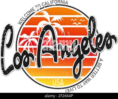 STADT LOS ANGELES KALIFORNIEN. Handgefertigte Palms Bäume Retro-Stil. Design Mode Bekleidung strukturierter Druck. T-Shirt Grafik Vintage Grunge Vektor Stock Vektor