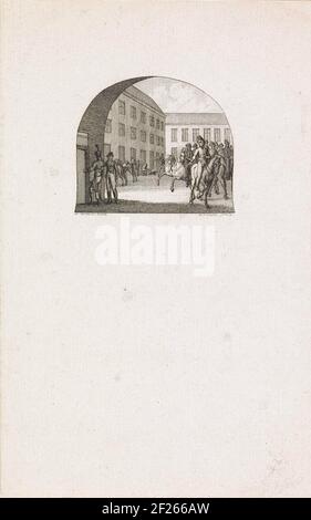 In de kazerne voor de Gardes d'Honneur.Blick auf den Innenhof der Kaserne für Napoleons Hertewacht in Amsterdam, April 1813. Illustration für ein Buch über die Gardes d'Honneur. Stockfoto