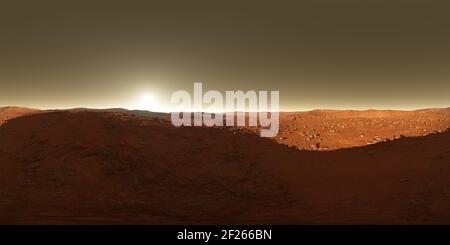 Roter Planet Mars, 360 Grad HDRI-Karte. Trockene, kalte Marsoberfläche. Steinfeld. Gleicheckige Projektion, kugelförmiges Panorama. 3D Rendern Stockfoto