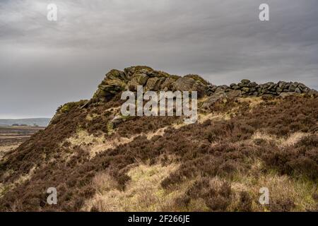 Baldstone, und Gib Torr Blick auf die Kakerlaken, Ramshaw Rocks, und Hen Cloud im Winter im Peak District National Park. Stockfoto