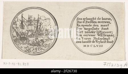 Medaille auf die Schlacht im Sont, 1658.Penning auf die Schlacht im Sont, zwischen der Staatsflotte unter Admiral Jacob Baron van Wassenaer, Lord of Obdam, und der schwedischen Flotte unter Admiral Carl Gustaf Wrangel, 8. November 1658. Vorne: Seeschlacht Mit Kronborg Slot. Rückseite: Beschriftung. Stockfoto