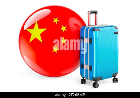 Koffer mit chinesischer Flagge. China travel concept, 3D Rendering isoliert auf weißem Hintergrund Stockfoto