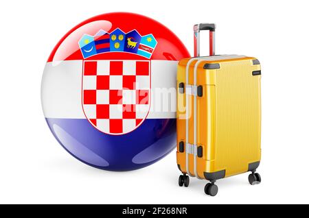 Koffer mit kroatischer Flagge. Kroatien Reisekonzept, 3D Rendering isoliert auf weißem Hintergrund Stockfoto