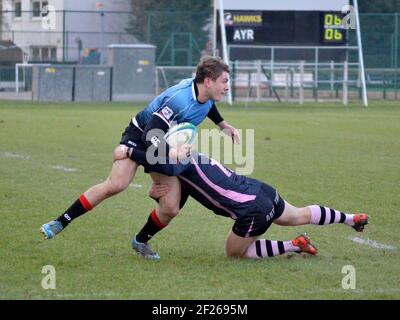 Glasgow, Schottland, Großbritannien. 14th. Februar 2015: Ein BT Cup Rugby Spiel gegen Glasgow Hawks und Ayr. Stockfoto