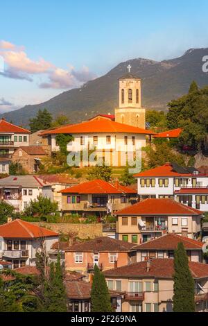 Ohrid Panoramablick Häuser Blick, Nord-Mazedonien Stockfoto