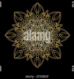 Gold Mandala, isoliert auf schwarzem Hintergrund. Vintage-Deko-Element. Ethnische runde Verzierung. Vektorgrafik. Stock Vektor