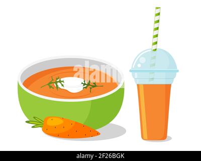 Karottensuppe und Saft. Gesunde Mahlzeit. Vektorgrafik. Stock Vektor