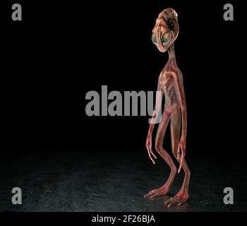 Humanoide Alien in vollem Wachstum auf schwarzem Hintergrund. Konzeptuelle kreative Illustration mit Kopierbereich. 3D Rendern Stockfoto