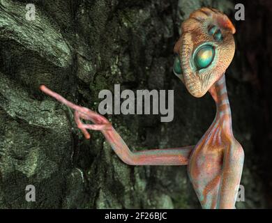 Humanoide Alien zeigt einen Finger. Konzeptionelle kreative Illustration. 3D Rendern Stockfoto