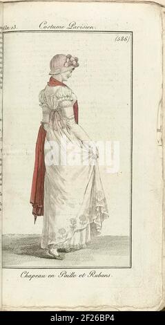 Journal des Dames et des Modes, Costume Parisien, 1805, an 13 (586) Chapeau en Paille et Rubans.Junge Frau in japon (Chemise) aus weißem Musselin, dessen unterer Rand mit einem Blumenmuster verziert ist. Langer roter Schal und lange weiße Handschuhe. Pinker Strohhut mit kleinem Rand, Bändern über der Kugel und einem Schuss Blumen vorne. Der Text von "Modes" auf S. 16 berichtet, dass diese kleinen Strohhüte (Capotes) mit Bändern im Jahr 1805 sehr modisch sind. Der Druck ist Teil des Modemagazins Journal des Ladens et des Modes, herausgegeben von Pierre de la Mésangère, Paris, 1797-1839 Stockfoto