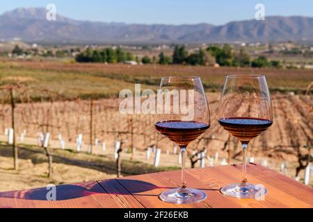 Zwei Gläser Rotwein in Valle de Guadalupe, Mexiko - prominente Weinbauregion der Baja-Halbinsel, ein blühendes Gebiet für "Boutique"-Weingüter. Stockfoto