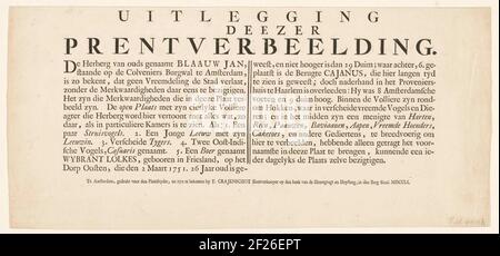 Erklärung auf dem Druck der Menagerie van Blaauw Jan, 1751; interpretiert Deezer Bild.Textblatt mit der Erklärung des Drucks mit der Menagerie im Hof des Herberg oder Jan Berentsz Westerhof oder Blaauw Jan im Kloveniersburgwal in Amsterdam 1751. Stockfoto