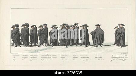 Leiche von Willem IV, 1752, Platte 14; Bratmeister / Pastibus / Küchenmeister (...); Lyk-staetie von Zyne brillante Hochheit der Herr Willem [IV] Carel Hendrik Friso, Prinz von Oranien und Nassau ... statt im IV. Februar 1752.Mitglieder oder Stadger Küche und Hof. Am Rand die Bildunterschrift auf Niederländisch, Französisch und Englisch. Teil einer Serie von 41 Platten der Bestattungsprozession oder Stadholder Willem IV. In Delft am 4. Februar 1752. Rechts oben nummeriert: 14. Stockfoto