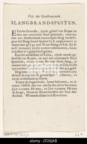 Zwei Preislisten der Snake Surf Sprayers, ca. 1700; Preis für geokrierte Schlange Feuer Sprühen / prys von geokrierten Schlange-Feuer-Sprühen. Vorderseite: Preise der Snake Surf Sprayer bei Jan van der Heyden und Jan van der Heyden (De Jonge) in Amsterdam, um 1700. Rückempfehlung der Schlauchfeuersprüher bei der Witwe Pieter Alménum und Wybrand Alménum in Amsterdam, ca. 1750. Gehört zum Gebet am Feuer Spa Buch von Jan van der Heyden. Stockfoto