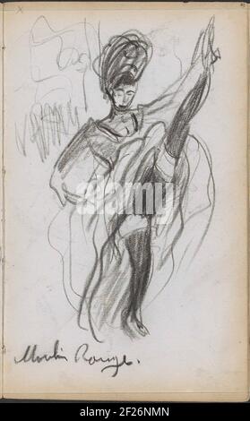 Danseres in de Moulin Rouge.die Frau hat ein Bein in der Luft gemobbt. Wahrscheinlich tanzt sie den Cancan. Seite 29 aus einem Skizzenbuch mit 35 Blättern. Stockfoto