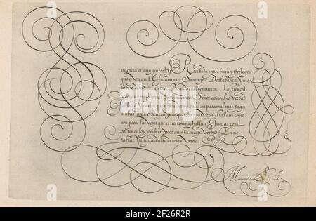 Schreibbeispiel mit Kapital S; Treasure oft ist Berater und vertehooninge van verschieden Schriften (...). Schreibbeispiel auf Spanisch mit Capital S und Nine Lines Text: Sentencia es Muy General (...). Umrahmt von kalligrafischer Curly. Der Druck ist Teil eines al Albums. Stockfoto