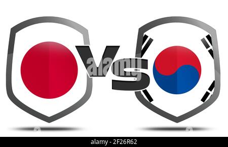 Die Flaggen von Südkorea und Japan Flaggen in A Schildform bereit, gegen den Handelskrieg zu kämpfen Stockfoto