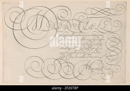Schreibbeispiel mit Kapital M; Treasure oft ist Berater und vertehooninge van Verschyden Schriften (...). Schreiben Sie ein Beispiel auf Französisch mit Großformat M und Sieben Zeilen Text: Mon Fils (...). Umrahmt von kalligrafischer Curly. Der Druck ist Teil eines al Albums. Stockfoto