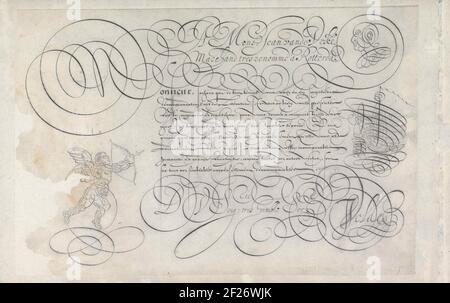 Ontwerp van een schrijfvoorbeeld: A Mons. Jean vande Veke (...); Spieghel der schrijfkonzste.kalligraphische Zeichnung mit der Präambel: A Mons. Jean Van De Veke. Marchand Tres Renomme à Rustera (M). Byond dies in einem anderen Buchstaben eine anfängliche m und acht Regeln Text in Französisch: Monsieur, Sachant Que de Tous Temps ... Der Text wird umrahmt von Lockenarbeit, mit einem Kopf in Lockenarbeit neben der Präambel, links unten von amor und in der Mitte von rechts. Die Zeichnung ist Teil eines Albums. Stockfoto