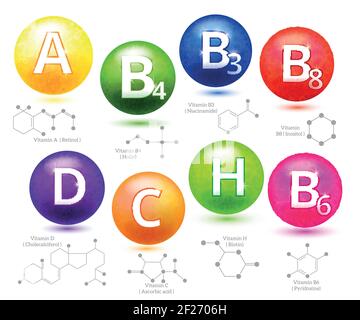 Vitamine chemische Strukturen. Molekül-Vitamin, molekularchemisches Vitamin, Struktur-Chemie-Vitamin, Vektor-Illustration Stock Vektor