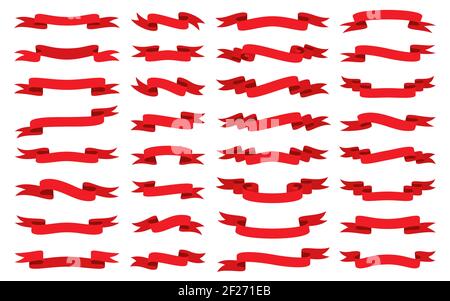 Rotes Band, flaches Set. Leeres Bandbanner für Werbeaktion, Verkaufstext, Überschrift, Titeldekoration, Abzeichen, Emblem, Rahmen. Gewellte Schriftbänder. Elegante Retro-Flagge, Hintergrund Streifen Stock Vektor