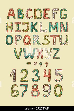 Handgezeichnete Buchstaben ABS mit farbigen Zierornament Stock Vektor