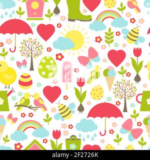 Ziemlich zarte nahtlose Feder Muster in einem geschäftigen Design mit Ikonische Frühlingsfavoriten Darstellung des Wetters Ostern Valentine Blumen Insekten Stock Vektor