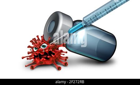 Zerkleinerung des Virus mit Impfkonzept und Krankheitskontrolle oder Infektionsimpfung und Grippe- oder Coronavirus-Kontrolle als Spritze mit Medizin. Stockfoto