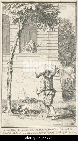 Hendrik IV., König von Frankreich, als Bauer verkleidet besucht seine Geliebte Gabrielle d'Estrées. Sie wartet mit ihr höfisch auf ihn. Im Rand eine zweibeinige Bildunterschrift in französischer Sprache im Spiegelbild. Stockfoto