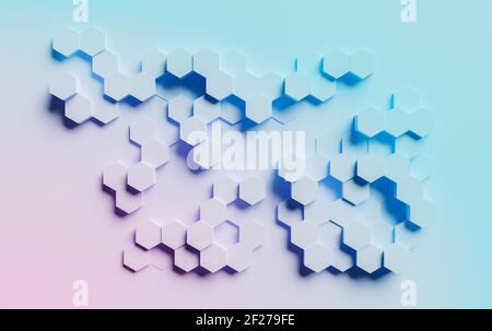 Abstrakter Hintergrund von Sechsecken mit blau-rosa Farbverlauf auf flachem Hintergrund. 3d-Rendering Stockfoto