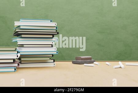 Schultisch voller Bücher mit Radiergummi und Kreide und einer Tafel im Hintergrund. Bildungskonzept. 3d-Rendering Stockfoto