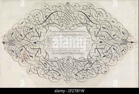 Kalligrafisch ontwerp voor een titelprent; konstruierte Grammatik. Aber nobilisimumq [n] Glas. Die Schrift wird geprüft mehrere Beispiele, in denen Belgien, Englisch, Italienisch, Spanisch, Französisch, Englische, deutsche gedruckte Gliederung. Da für jeden, von einer rechten Dissektion, Grundlagen, zu wissen, wie man Hilfe in der Bildung schreiben, aber vor allem die förderlich sind, alle zu imitieren vorgeschlagen werden, zum Glauben, Spieghel der schrijfkonste.kalligraphische Gestaltung des Drucktitels für den zweiten Teil des spieghel der Wristin. Der Titel, konstruierte Grammatiken ,,,,, Wird von einer breiten Randwellung eingerahmt. Die Zeichnung ist p Stockfoto