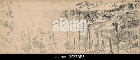 Bos met gekapte bomen.Waldgesicht. In der Mitte sind Baumstämme. Blatt 11 Verso und Blatt 12 Recto aus einem Skizzenbuch mit 34 Blättern. Stockfoto