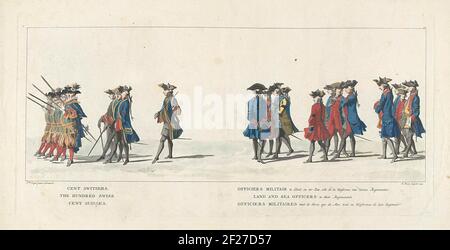 Leiche von Willem IV, 1752, Platte 12; Cent SWATSERS / Offiziere Soldat und auf See, alle in der Uniform ihrer Regimenter; Lyk-staetie von Zyne brillante Hochmut der Herr Willem [IV] Carel Hendrik Friso, Prinz von Oranien und Nassau (...) im IV. Februar 1752 statt.die Cent-Suisses und Offiziere. Am Rand die Bildunterschrift auf Niederländisch, Französisch und Englisch. Teil einer Serie von 41 Platten der Bestattungsprozession oder Stadholder Willem IV. In Delft am 4. Februar 1752. Rechts oben nummeriert: 12. Stockfoto