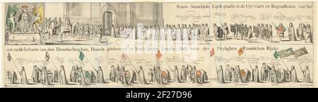 Trauerzug von Willem Frederik, Graf von Nassau-Dietz (Blatt 1-6), 1665; Trauer-Staetelijcke Leichenpracht im uyt-vaert und begräfenisse aus dem entladenen Leichnam (...) Wilhelm Frederich (...) Gestorben in Leeuwarden (...) Den Een-and-TwinTichsten Oktober, MDCLXIV. Und Aldaer in 't Choor van de Jacobijner Kerck, Den Vyfthienden Dezember MDCLXIV. Alter Stil (...). Trauerzug von Willem Frederik, Graf von Nassau-Dietz, in Leeuwarden am 6. Januar 1665. Sechs Klingen stecken zusammen. Portrait von Willem Frederik in einer Kartusche mit zwei Engeln und mit Bannern verziert. Unter t Stockfoto