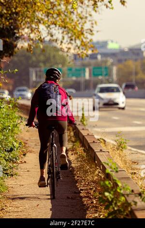 Eine junge Frau mit rotem Hoodie, Helm, Strumpfhose und Sneakers radelt auf einem schmalen Radweg in der Nähe eines großen Highways in Washington DC. Sie ist commuti Stockfoto