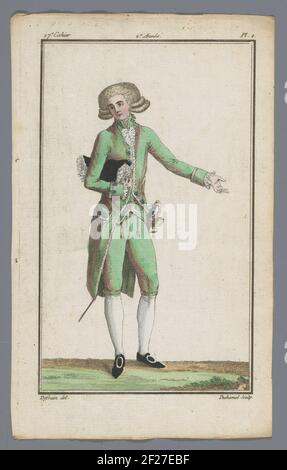 Französisch und Englisch New Modes Store, 10. August 1787, 27th Notebook, 2nd Jahre, pl. 2.Standing man in einem grünen "Dressed Habit", bestehend aus EINER Jacke, Cardigan und Kniehose. Hut unter dem Therm. Weiteres Zubehör: Degen links, Charms, Schuhe mit Rundschnallen. Der Druck ist Teil des 27th Notebook, 2nd Jahr, aus dem neuen Französisch und Englisch neue Modi speichern. Die Serie besteht aus 172 Modedrucken, veröffentlicht von Buisson, Paris, 20. November 1786 - 21. Dezember 1789. Stockfoto