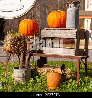 Gartendekoration mit Strohballen, Kürbissen, alten Haushaltsgegenständen (rostigen Werkzeugen, Metallkännchen und Eimern) und einem Holzkoffer. Bild für Hallowee Stockfoto