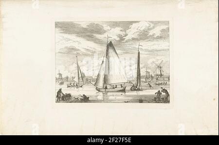 Niederländische Eisschalen mit Koog auf Zaan im Hintergrund, ca. 1775.Wintergesicht mit niederländischen Schlittschuhe. Eissegeln, Schlitten und Skater auf dem gefrorenen zaan, im Hintergrund Mühlen und Häuser von Koog aan de Zaan, ca. 1775. Die Mühlen sind von links nach rechts: Die riesige Ölmühle, League Mühle De Rob, Pelmolen die Pelican und Ölmühle De Christoffel oder Brutkorb. Die beiden letzteren Mühlen standen auf dem sogenannten Koger. Stockfoto