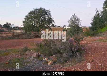 Verlassene alte Mine Ruine rote Landschaft mit Bäumen in Mina de Sao Domingos, Portugal Stockfoto